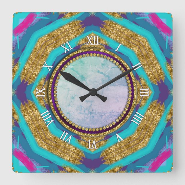 Relógio Quadrado Groovy Mandala Aqua Blue Roxo Wall Clock (Frente)