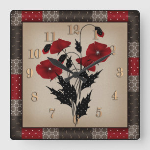 Relógio Quadrado Grunge oldish retro vintage papoilas flores vermel