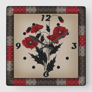 Relógio Quadrado Grunge oldish retro vintage papoilas flores vermel