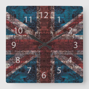 Relógio Quadrado grunge Union Jack em tijolo