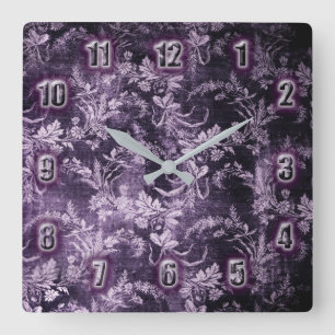 Relógio Quadrado Grunge vintage padrão floral em legal roxo escuro