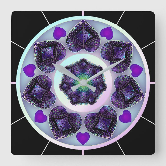 Relógio Quadrado Guarda-chuva e corações roxos .7 (Frente)