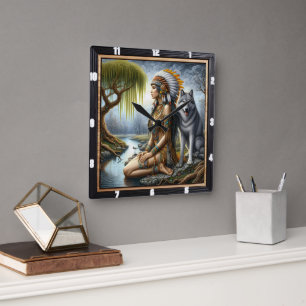 Relógio Quadrado Guardião indígena nativo: Wolf and Maiden's Glade