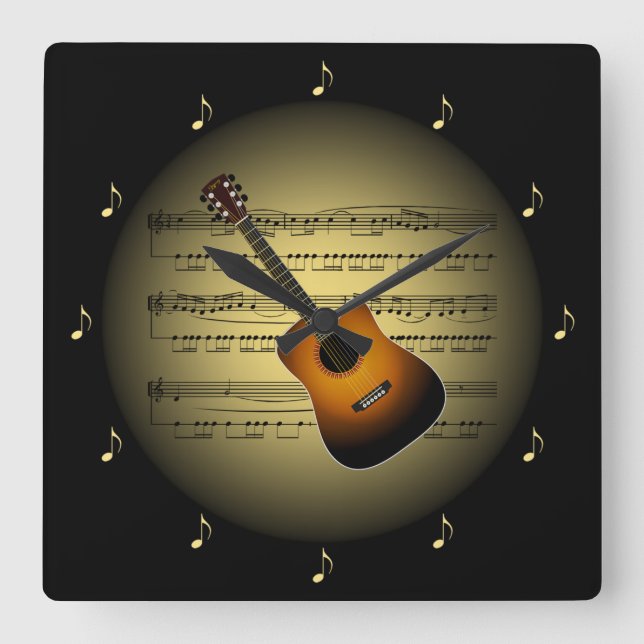 Relógio Quadrado Guitar Globo Dourado 3D ~ Folha Música ~ Black BG  (Frente)