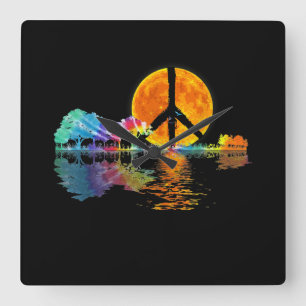 Relógio Quadrado Guitar Lake Shadow Peace Love Guitar Hippie