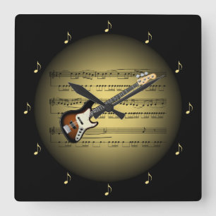 Relógio Quadrado Guitarra Elétrica Globo Dourado 3D ~ Folha Música 