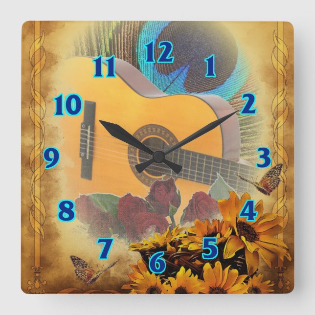 Relógio Quadrado Guitarra floral (Frente)