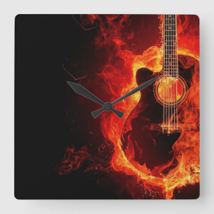 Relógio Quadrado Guitarra Queimando, Música de Chamas Laranjas Band
