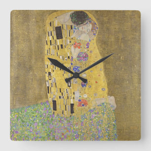Relógio Quadrado Gustav Klimt O Beijo Arte Dourada Fina