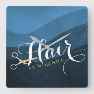 Relógio Quadrado Hair Salon Hairstylist Tesoura Azul e Dourada Mode