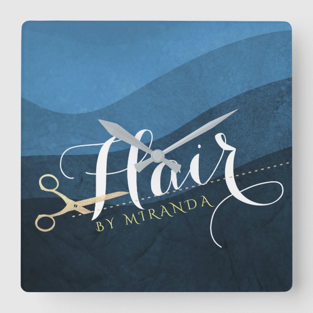 Relógio Quadrado Hair Salon Hairstylist Tesoura Azul e Dourada Mode (Frente)