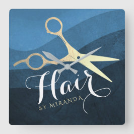 Relógio Quadrado Hair Salon Hairstylist Tesoura Azul e Dourada Mode
