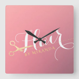 Relógio Quadrado Hairstylist Makeup Salon Modern Pink Tesoura Doura