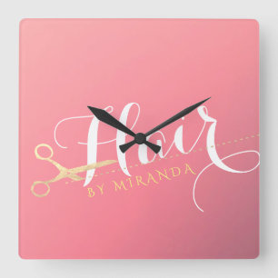 Relógio Quadrado Hairstylist Makeup Salon Modern Pink Tesoura Doura