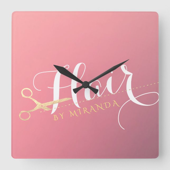 Relógio Quadrado Hairstylist Makeup Salon Modern Pink Tesoura Doura (Frente)