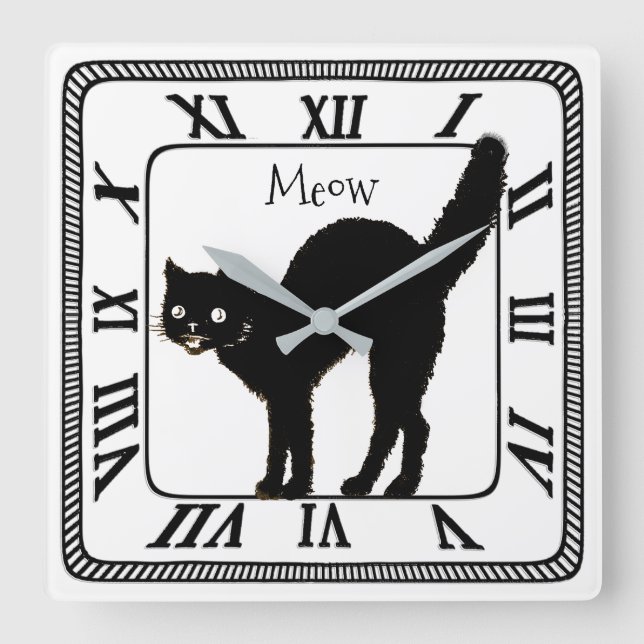 Relógio Quadrado Halloween Black Cat Silhouette Home ou Office Deco (Frente)