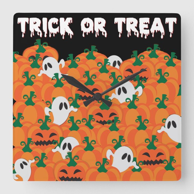Relógio Quadrado Halloween Fantasmas Assombrados Pumpkin Patch (Frente)