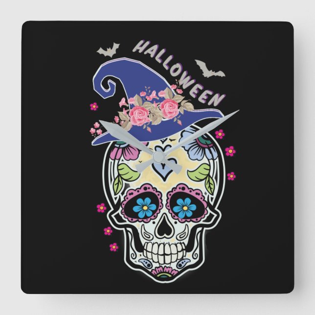 Relógio Quadrado Halloween Flower Skull (Frente)