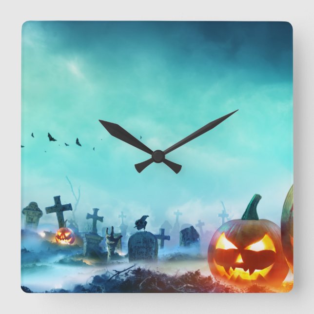 Relógio Quadrado Halloween Graveyard Jack-O-Latern (Frente)