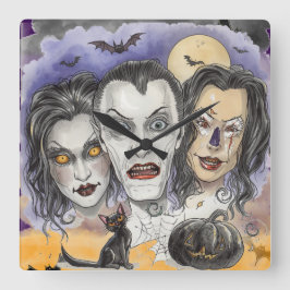 Relógio Quadrado Halloween, Máscaras de Riso Sinistro, Gatos Pretos