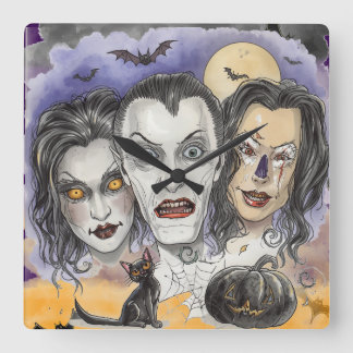 Relógio Quadrado Halloween, Máscaras de Riso Sinistro, Gatos Pretos
