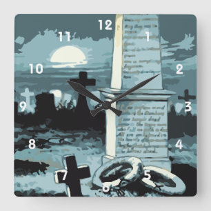 Relógio Quadrado Halloween Vintage, Cemitério Assustador com Túmulo