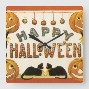 Relógio Quadrado Halloween Vintage, Gatos Pretos com Jackolanterns