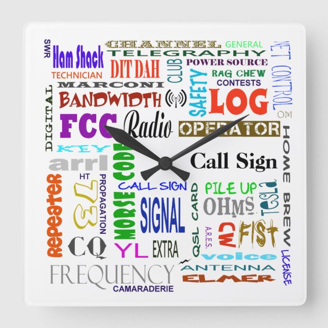 Relógio Quadrado Ham Radio Word Collage Wall Clock Personalize-O! (Frente)