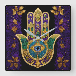 Relógio Quadrado Hamsa Terceiro Olho Dourado Ornamentado