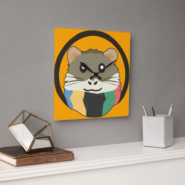 Relógio Quadrado Hamster de desenho animado bonito com um cachecol  (Escritório)