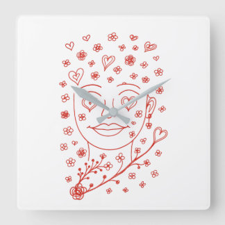 Relógio Quadrado Hand-Drawn Romantic Line Art Face with Hearts and 