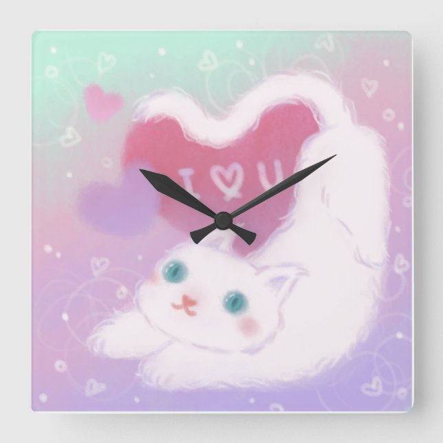 Relógio Quadrado Happy Valentine's Day with Fluffy White Cat (Frente)