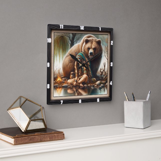 Relógio Quadrado Harmonia de Urso Indiano Nativo (Escritório)