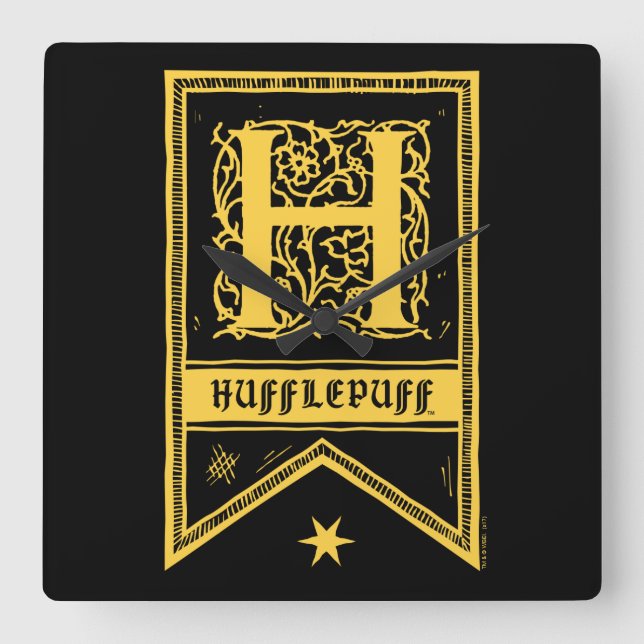 Relógio Quadrado Harry Potter | Banner Monograma Hufflepuff (Frente)