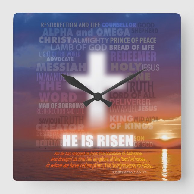 Relógio Quadrado He is Risen - Easter  (Frente)