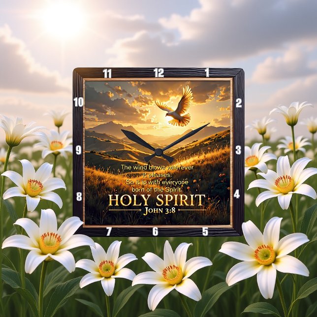 Relógio Quadrado Heaven Holy Spirit Dove Sunset John 3:8 Verse (Criador carregado)
