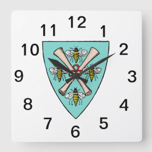 Relógio Quadrado Heraldic Vintage 4 Abelhas rolam em blindagem TB