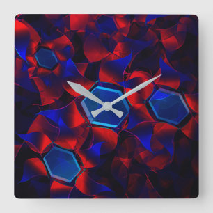 Relógio Quadrado Hexágono azul misturado com curvas vermelhas sobre