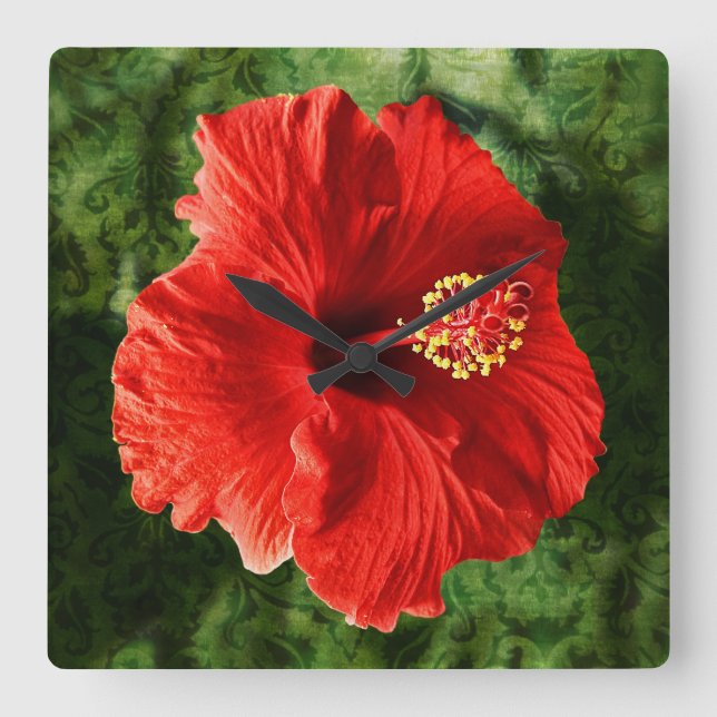 Relógio Quadrado Hibiscus vermelho (Frente)