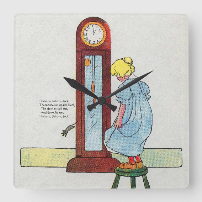 Relógio Quadrado Hickory, Dickory, Mãe Dock Goose Nursery Rhyme (Frente)
