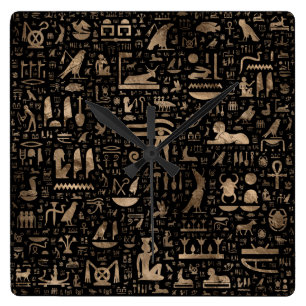 Relógio Quadrado Hieroglyphs egípcios antigos - preto e ouro