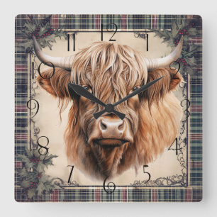 Relógio Quadrado Highland Cow Tartan Clan Watercolor