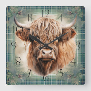 Relógio Quadrado Highland Cow Tartan Clan Watercolor