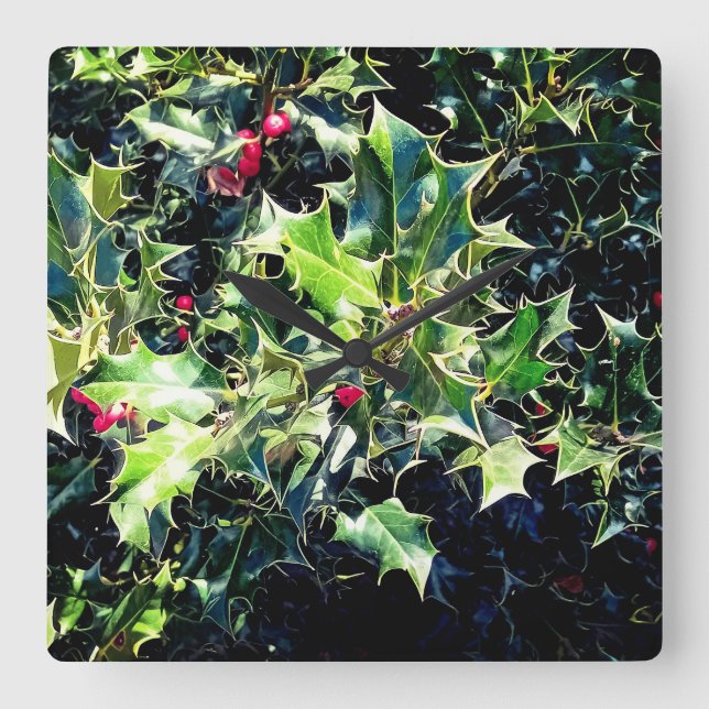Relógio Quadrado Holly, bagas vermelhas (Frente)