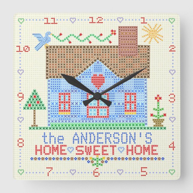 Relógio Quadrado Home Sweet Home Cross Stitch House | Nome da famíl (Frente)