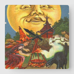 Relógio Quadrado Homem Na Lua Negra Bruxa De Gato Cheia Coruja