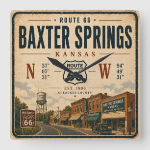 Relógio Quadrado Homenagem à Rota 66 de Baxter Springs