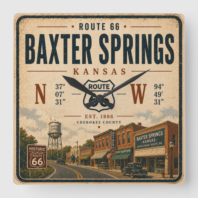 Relógio Quadrado Homenagem à Rota 66 de Baxter Springs (Frente)