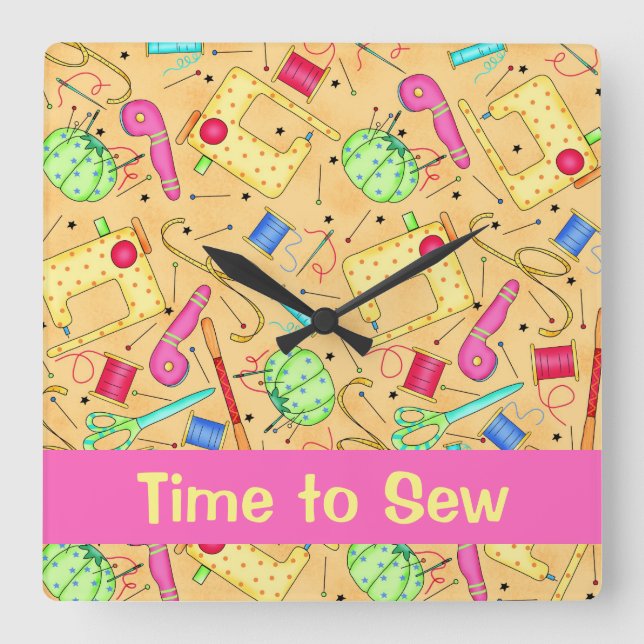 Relógio Quadrado Hora de Arte das Noções de Costura Amarelas para o (Frente)