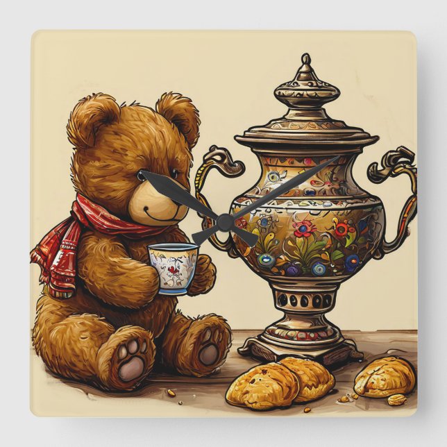 Relógio Quadrado Hora do chá com urso (Frente)